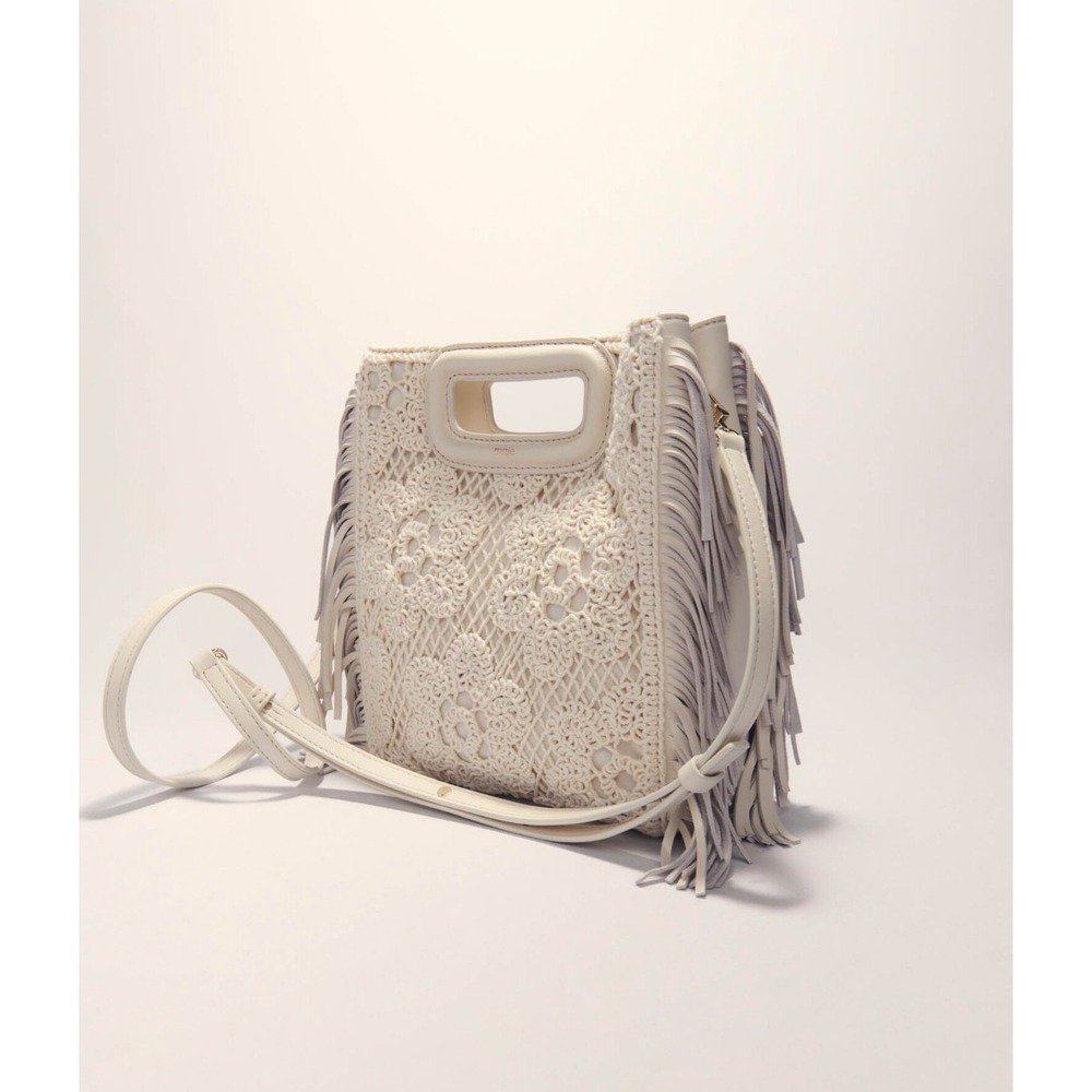 B46 Maje Crochet Knit M Bag Crossbody Cream Fringe Floral Boho Chic Everyday